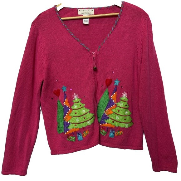 Tiara International Knit Christmas Sweater Cardigan Size XL Pink Trees Embroider - Picture 2 of 13